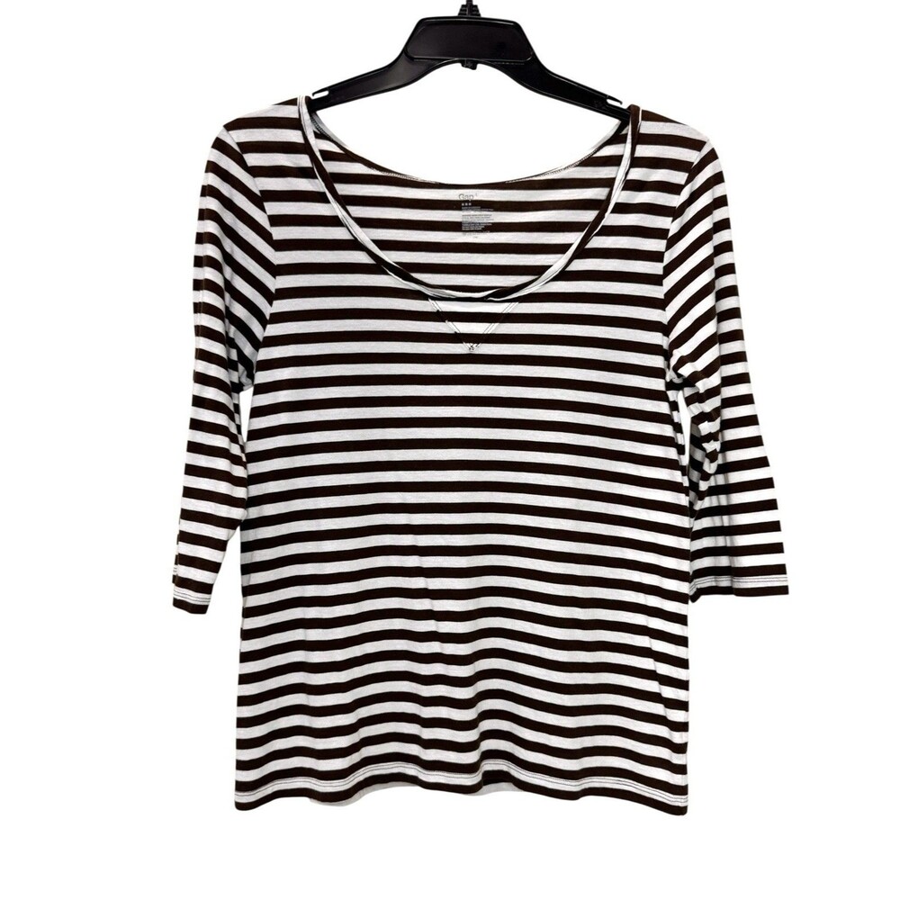 Gap Women Brown & White Stripe 1/2 Sleeve Scoop Neck Soft Stretch Shirt Size L